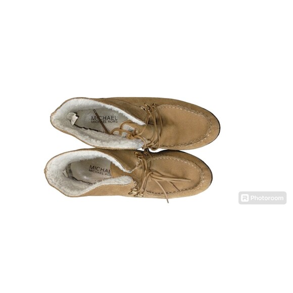 Michael Kors Ankle Tie Up Bootie Women's 6 1/2 Fawn Tan Suede Sherpa Lined Shoes - Picture 5 of 8